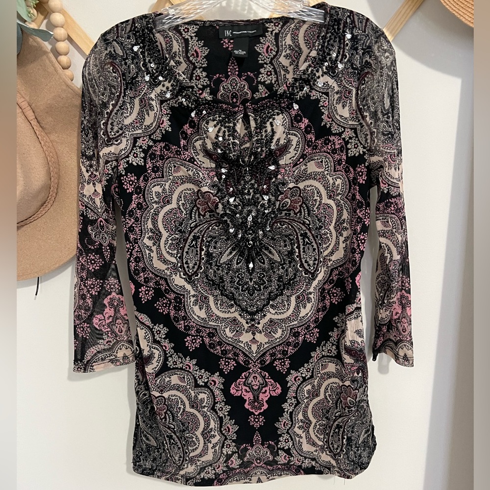 INC International Concepts Beaded Printed Mesh Top
